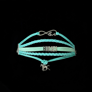 Polyurethane Braided Snap Bracelet Accented with Silver Plated "Horses & Love".