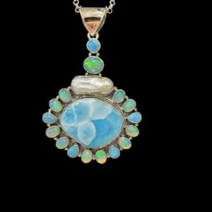 SS High Quality Larimar and Pearl Statement Necklace Accented with Beautiful Ethiopian Opal