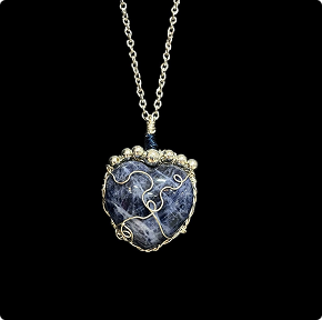 Sodalite Heart Silver Plated Wire Wrap accented with Metallic Beads