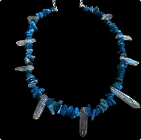 Apatite Chips accented with Rainbow Quartz. Stainless Steel Chain.