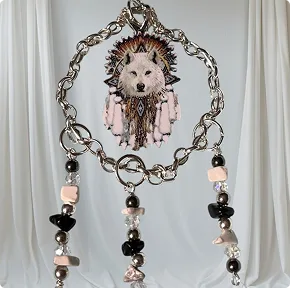Silver Plated Acrylic Wolf 2" Wire Wrapped Hoop Pendant