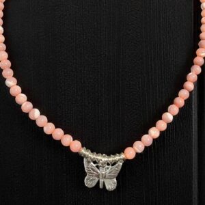 Pink Mother of Pearl Necklace accented with SS Butterfly and SS Saucers