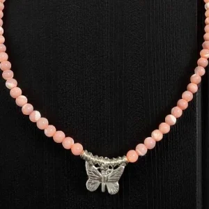 Pink Mother of Pearl Necklace accented with SS Butterfly and SS Saucers