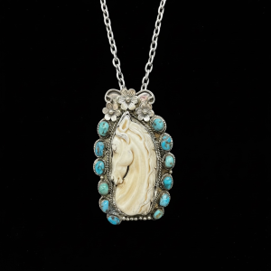 Genuine Turquoise with Carved Horse Head Necklace with Tibetan Silver and Stainless Steel Chain