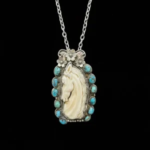 Genuine Turquoise with Carved Horse Head Necklace with Tibetan Silver and Stainless Steel Chain