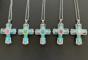 Faux Turquoise Cross Necklace. Silver Plated 18" Chain with 2" extender