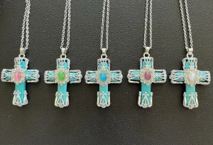 Faux Turquoise Cross Necklace. Silver Plated 18" Chain with 2" extender