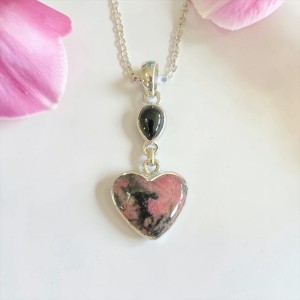 Rhodonite Heart Pendant Accented With Black Onyx Crystal