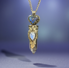 Tibetan Silver Necklace Accented with Labradorite Heart, Moonstone, and Clear Quartz Point. Stainless Steel Chain