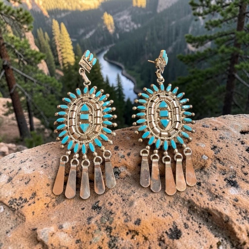 Genuine Turquoise 3 1/2" Dangle Earrings Created By Native American Artist Evonne Zuni.