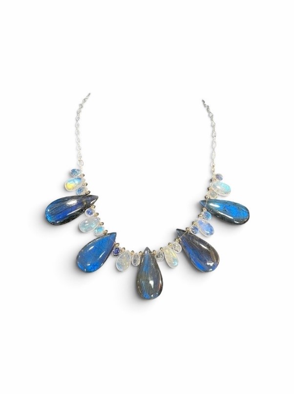 18" Adjustable Sterling Silver Chain. High Quality Rainbow Moonstone and Blue Flash Labradorite. Handmade by Tracey.