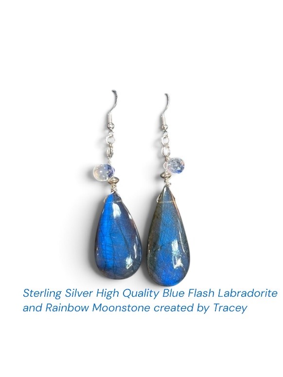 High Quality Rainbow Moonstone and Blue Flash Labradorite 2 1/2" Sterling Silver Dangle Earrings. Handmade By Tracey