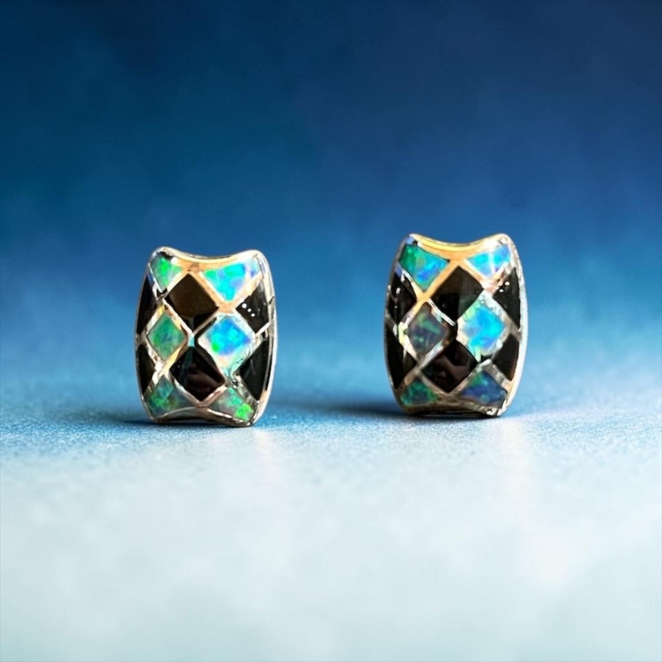 Stylish 1/2" Sterling Silver Earrings Inlayed With Black Onyx and Opal.