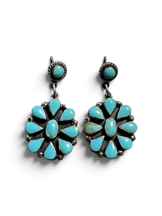 Gorgeous 1 3/4" Genuine Turquoise Dangle Earrings. Created in Mexico,Artist Unknown.