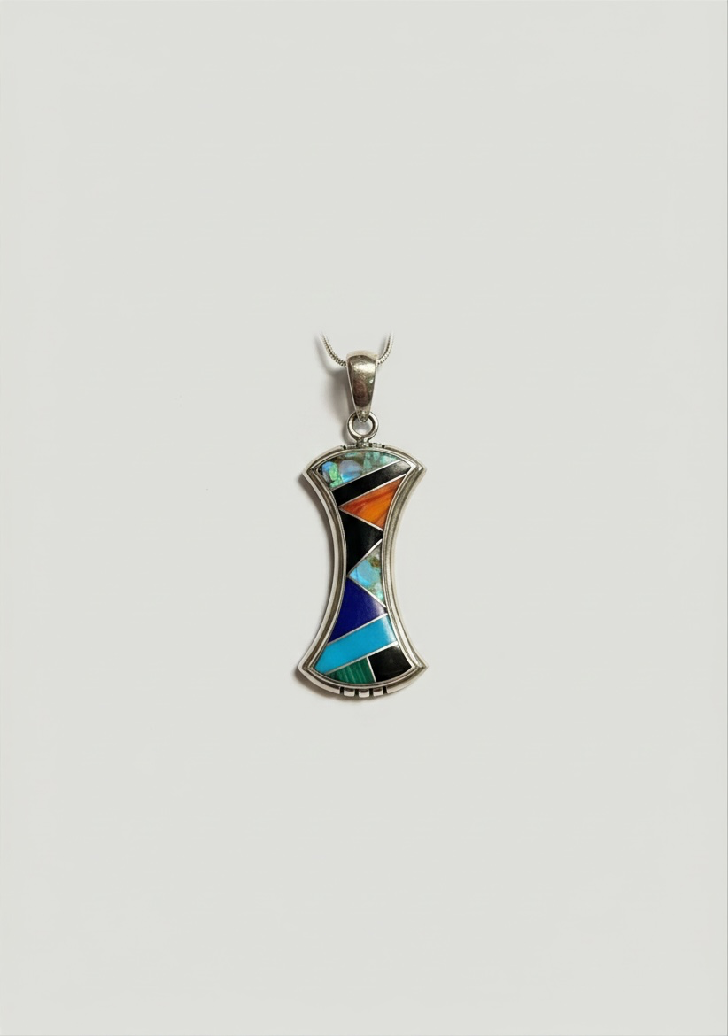 Stunning 1 1/2" Sterling Silver Inlay Pendant Featuring Turquoise,Opal, Malachite, Lapis Lazuli, Onyx, And Carnelian Pendant. Comes With 18"-20" Sterling Silver Chain