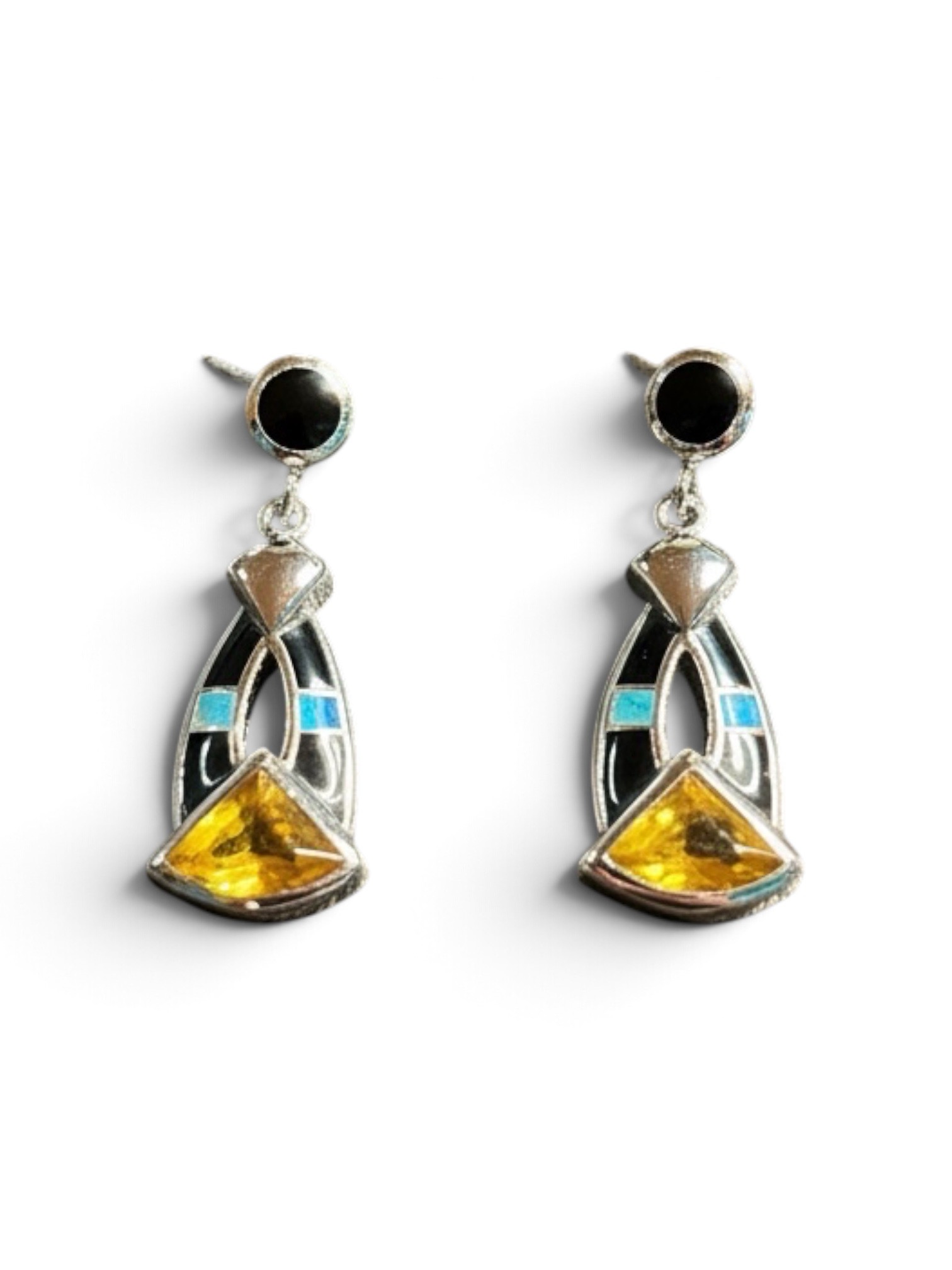 Gorgeous Sterling Silver 1" Post Dangle Earrings Inlayed With Onyx, Opal, Accented With Citrine