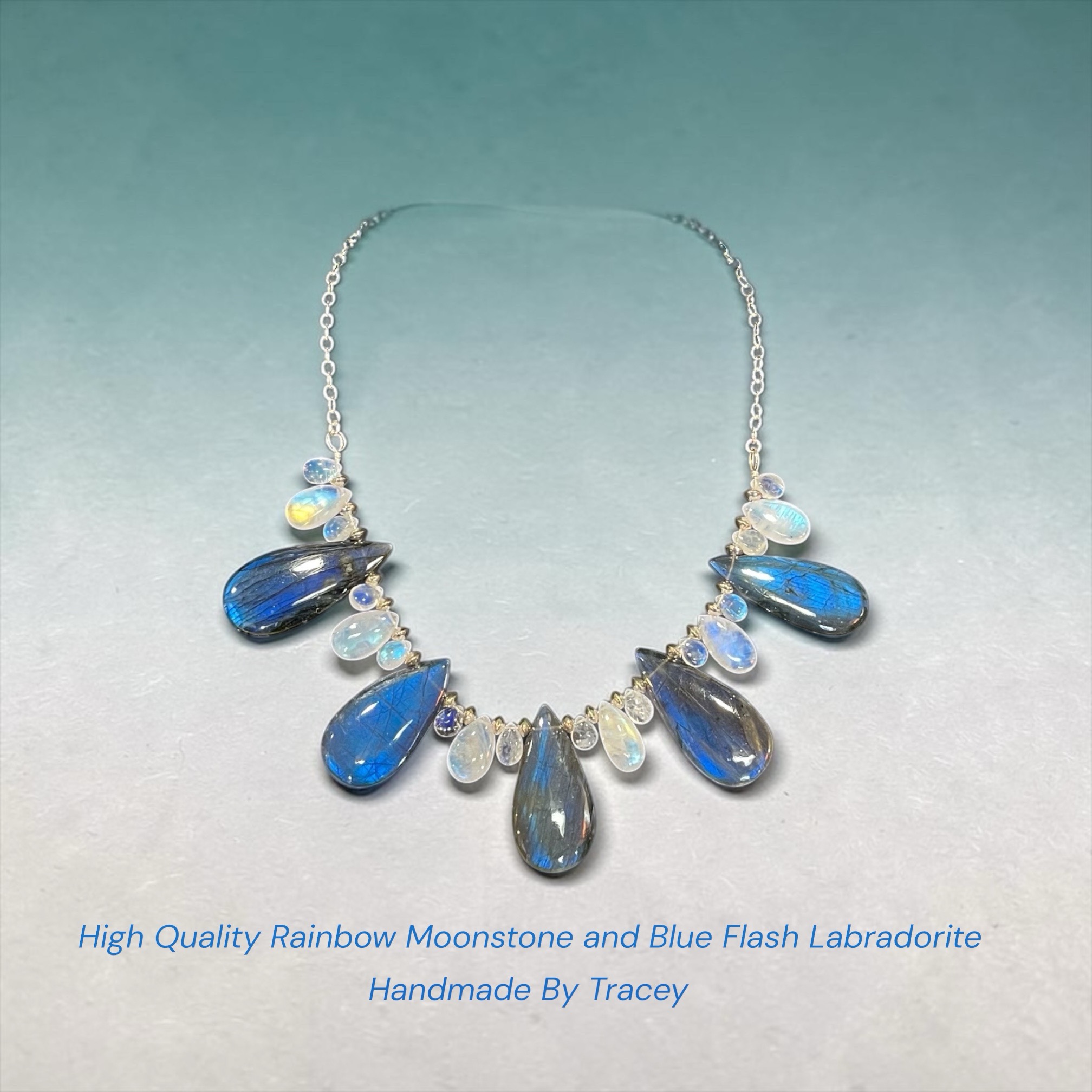 18" Adjustable Sterling Silver Chain. High Quality Rainbow Moonstone and Blue Flash Labradorite. Handmade by Tracey.
