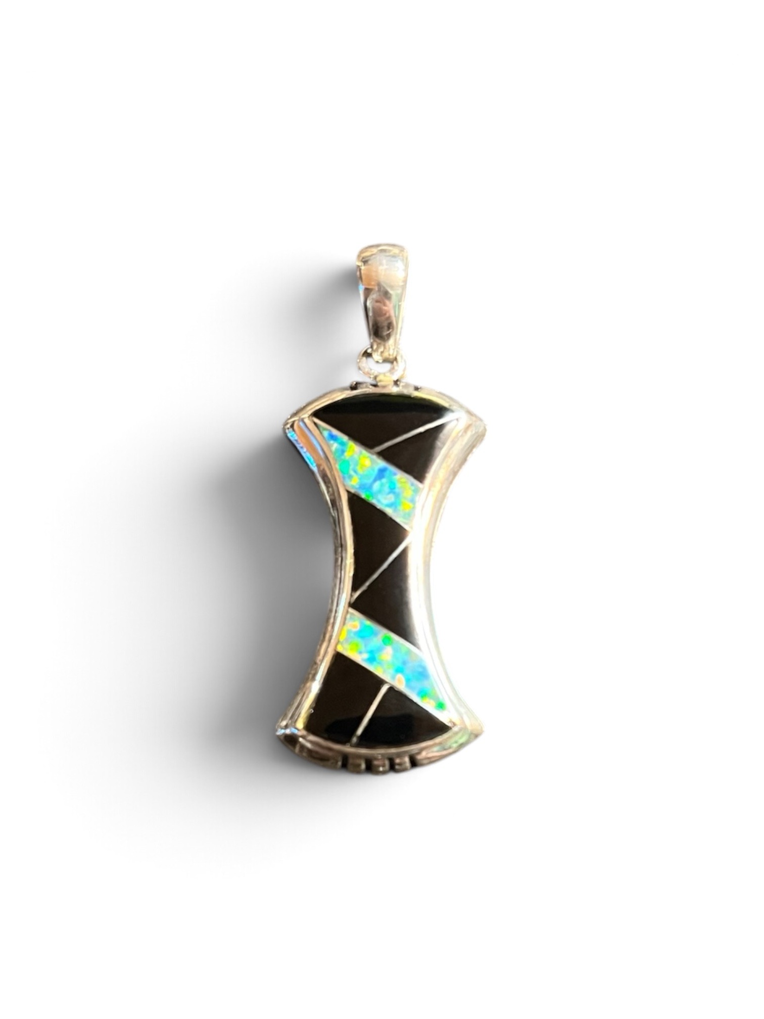 Vibrant 1 1/2" Sterling Silver Inlay Pendant Featuring Opal, And Onyx Pendant Comes With 18"-20" Sterling Silver Chain.
